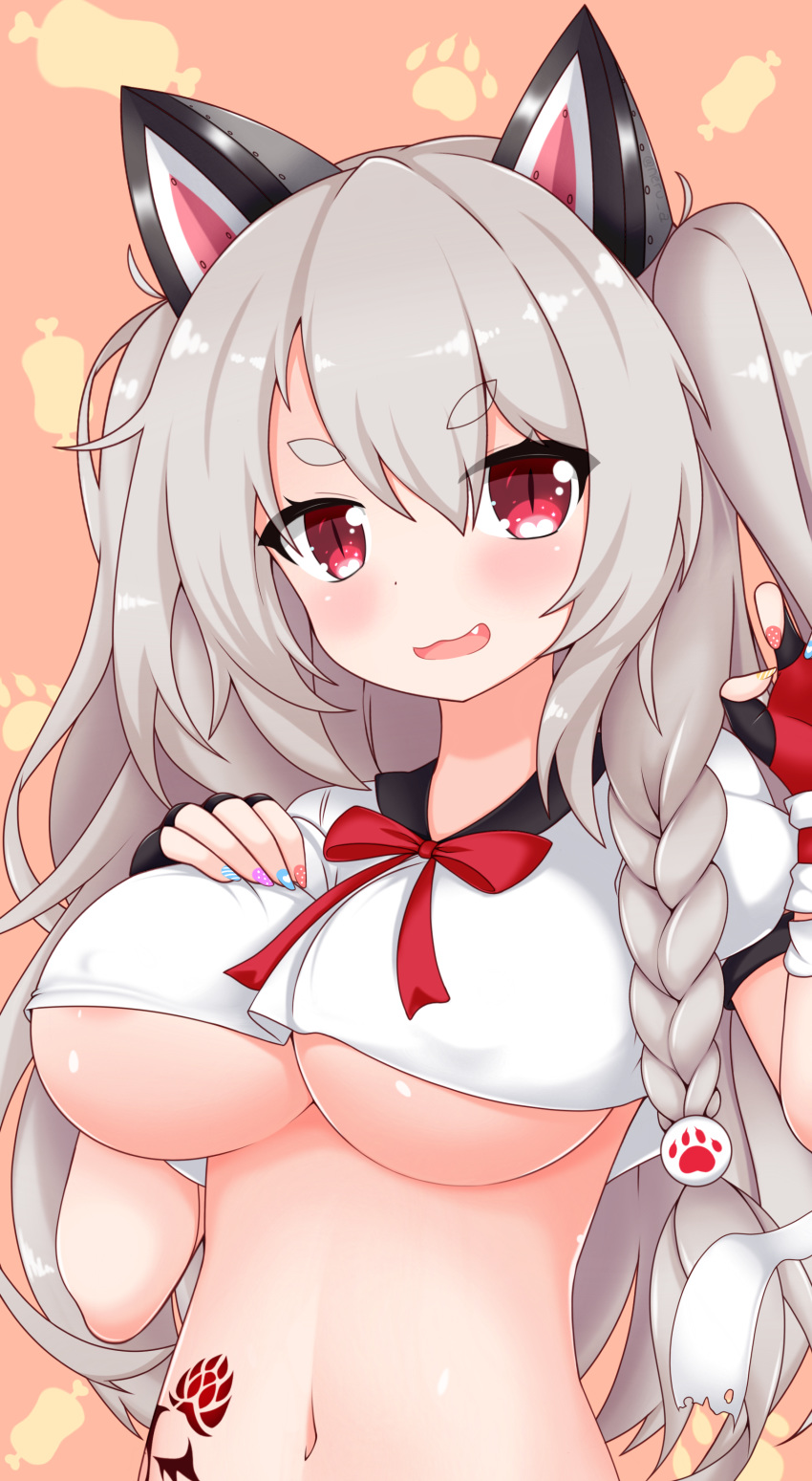 1girl absurdres animal_ears azur_lane bangs blush braid breasts commentary covered_nipples english_commentary eyebrows_visible_through_hair fingerless_gloves gloves highres large_breasts long_hair looking_at_viewer nail_polish navel neru_a open_mouth red_eyes silver_hair skirt solo thick_eyebrows underboob yuudachi_(azur_lane)