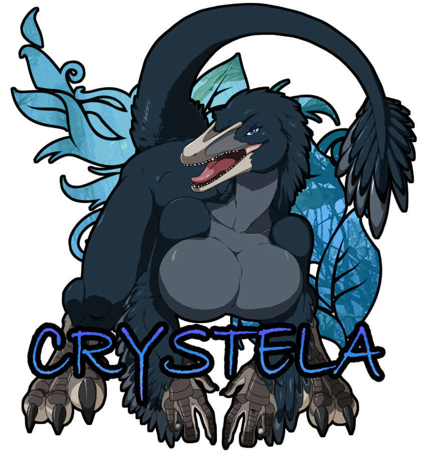 2011 anthro archaeopteryx bent_over blue_eyes blue_sclera breasts busty_feral claws crystela dinosaur dromaeosaurid feathered_dinosaur feathers female feral hi_res looking_at_viewer non-mammal_breasts open_mouth raised_tail reptile scalie slit_pupils solo teeth theropod toe_claws velociraptor walter_sache