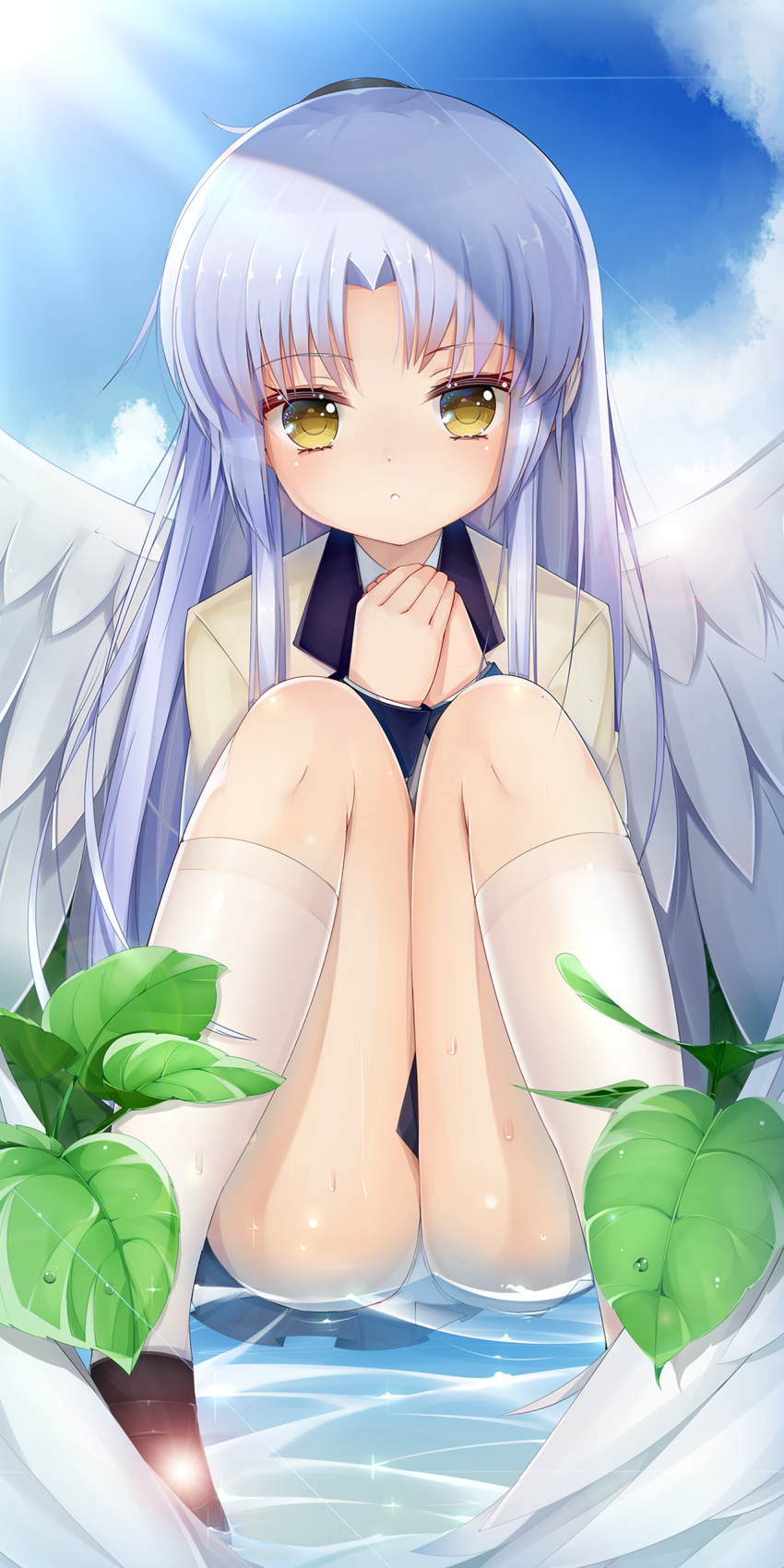 1girl absurdres angel_beats! ass black_skirt blazer blue_sky cer_(cerber) cloud cloudy_sky commentary_request day feathered_wings full_body hands_together highres jacket kneehighs knees_together_feet_apart knees_up long_hair looking_at_viewer outdoors panties parted_lips partially_submerged pleated_skirt silver_hair sitting skirt sky solo sunlight tenshi_(angel_beats!) thighs underwear very_long_hair wet wet_clothes wet_panties wet_skirt white_legwear white_wings wings yellow_eyes