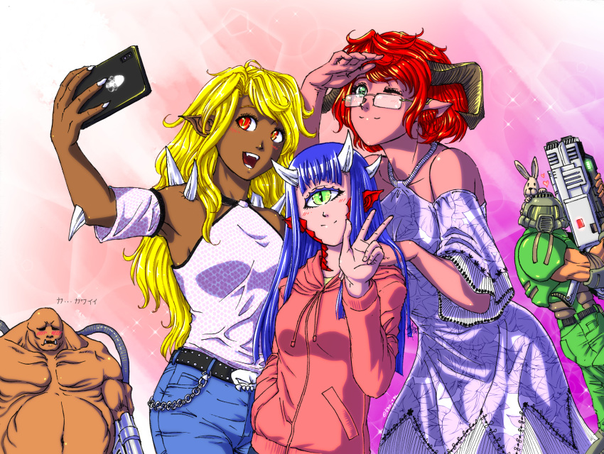 2boys 3girls animal_ear_fluff arm_cannon baron_of_hell bfg_9000 blonde_hair blue_hair blue_pants breasts bunny cacodemon cellphone cyclops daisy_(doom) dark_skin demon_girl demon_horns denim detached_sleeves doom_(game) doom_2 doomguy fangs fat fat_man green_eyes group_picture halter_dress halter_top halterneck hand_in_pocket height_difference helmet highres hood hoodie horns huge_weapon imp_(doom) jeans long_hair mancubus multiple_boys multiple_girls one-eyed one_eye_closed open_mouth pants phone photobomb pink_skin pointy_ears pose power_armor red_eyes red_hair rimless_eyewear scales self_shot short_hair slit_pupils small_breasts smartphone smile sparkle spikes substance20 translation_request v weapon