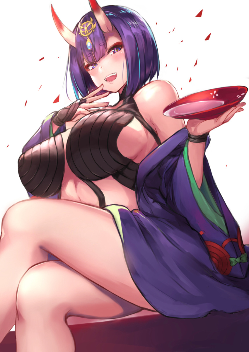 1girl alternate_breast_size bangs blush bob_cut breasts commentary crossed_legs cup eyeliner eyeshadow fate/grand_order fate_(series) headpiece highres huge_breasts japanese_clothes kimono looking_at_viewer makeup oni oni_horns open_clothes open_kimono open_mouth purple_eyes purple_hair purple_kimono revealing_clothes revision sakazuki short_hair shuten_douji_(fate/grand_order) simple_background sitting skin-covered_horns smile solo spider_apple white_background