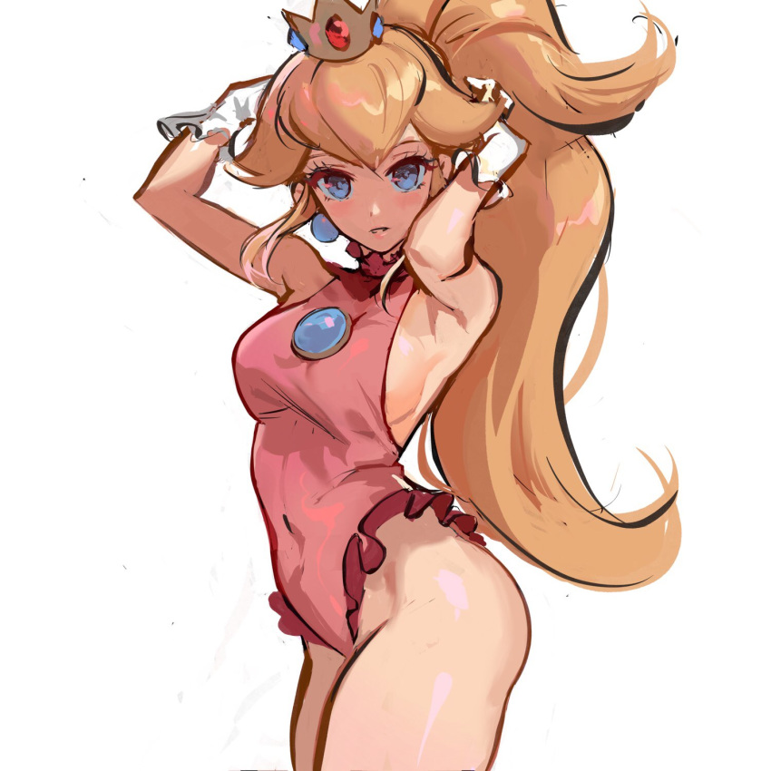 1girl adapted_costume alternate_hairstyle armpits arms_up bangs blonde_hair blue_earrings blue_eyes breasts brooch covered_navel cowboy_shot crown earrings eyelashes frilled_leotard frills from_side gloves highres james_ghio jewelry leotard lips long_hair looking_at_viewer mario_(series) medium_breasts nintendo parted_lips pink_leotard princess_peach sideboob simple_background solo super_mario_bros. thighs very_long_hair white_background white_gloves