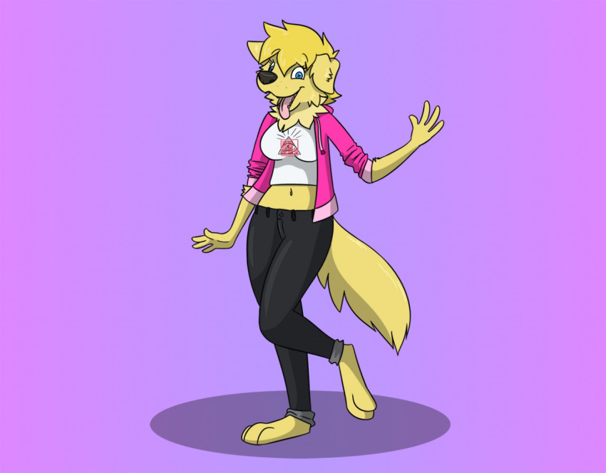 anthro bird_dog black_bottomwear black_clothing black_pants blonde_hair blue_eyes bottomwear breasts canid canine canis clothing dancing domestic_dog female fluffy fox0808 fur gesture golden_retriever hair happy hoodie hunting_dog illuminati invalid_tag looking_forward mammal muzzle_(disambiguation) no_shoes open_mouth pants pink_jacket retriever rolled_up_sleeves rope shadow shirt smile standing talu_lupus tongue tongue_out tongue_out_of_mouth tongye_out topwear walking waving yellow_body yellow_fur