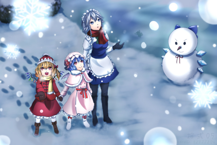 3girls adapted_costume beanie black_footwear black_legwear blonde_hair blue_eyes blue_hair boots brown_footwear capelet cirno cirno_(cosplay) coat cosplay dress eyebrows_visible_through_hair flandre_scarlet footprints gloves hair_between_eyes hat izayoi_sakuya juuni_05 knee_boots long_sleeves maid maid_headdress mittens mob_cap multicolored multicolored_clothes multicolored_hat multiple_girls open_mouth pantyhose pink_capelet pink_dress pink_headwear red_eyes red_scarf red_skirt remilia_scarlet scarf short_hair siblings sisters skirt smile snow snowflakes snowing snowman touhou white_footwear white_hair white_legwear winter_clothes winter_coat yellow_neckwear