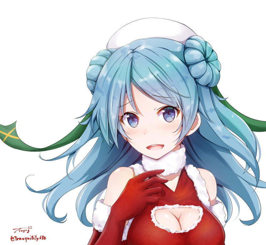 1girl alternate_costume artist_name baileys_(tranquillity650) bangs bare_shoulders beret blue_eyes blue_hair blush breasts cleavage cleavage_cutout commentary_request double_bun elbow_gloves eyebrows_visible_through_hair fur_collar fur_trim gloves hat highres kantai_collection long_hair looking_at_viewer medium_breasts open_mouth red_gloves red_shirt shirt sidelocks signature simple_background smile solo swept_bangs urakaze_(kantai_collection) white_background white_headwear
