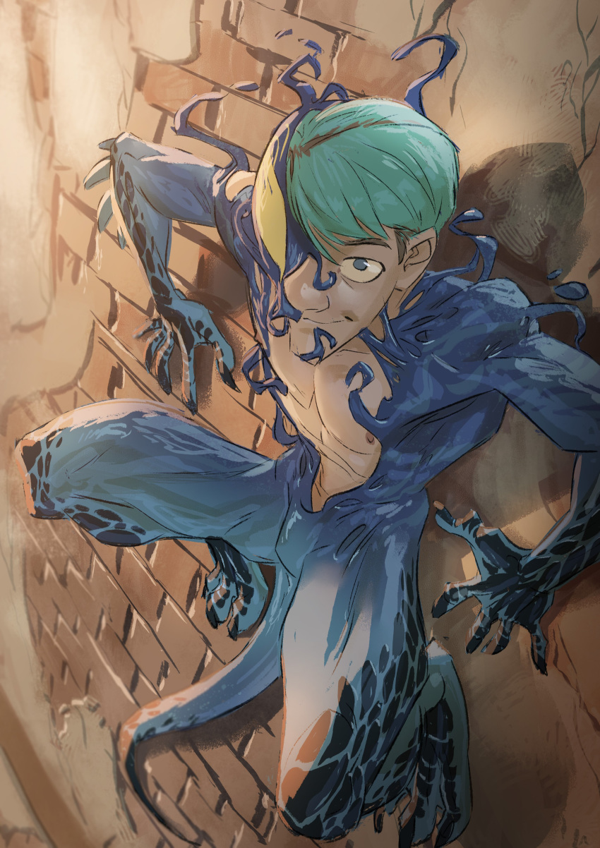3_toes 5_fingers absurd_res anthro blue_body blue_hair blue_scales brick_wall digitigrade featureless_crotch fingers hair hi_res human lizard looking_at_viewer mammal maxspite nipples nude reptile scales scalie short_hair sludge_(kili) smile solo symbiote toes transformation