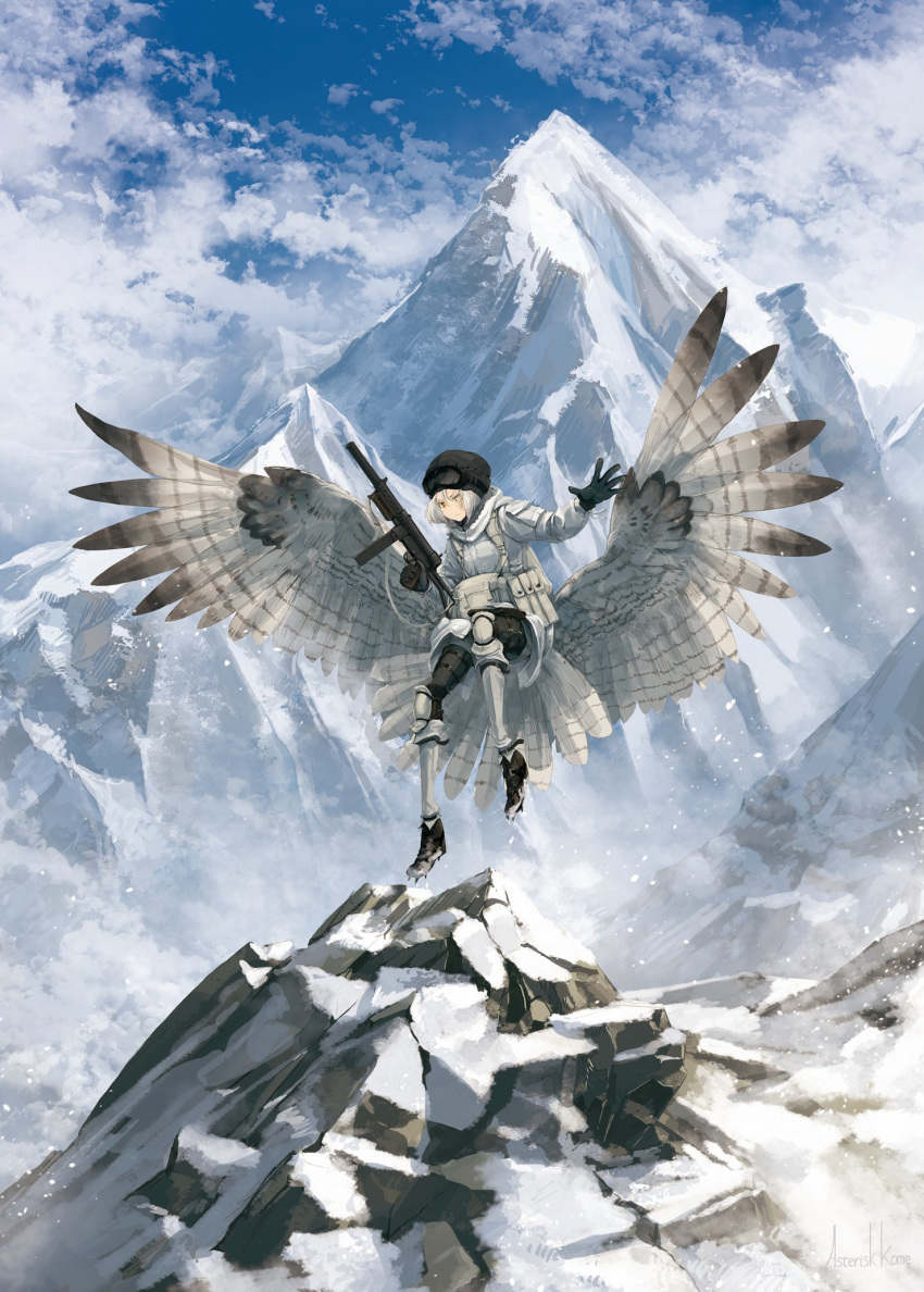 1girl asterisk_kome flying gloves goggles goggles_on_head gun heterochromia highres landing load_bearing_vest low_wings military military_uniform mountain original rock shoes snow spiked_shoes spikes spread_wings tail_feathers uniform weapon white_coat winged_fusiliers wings winter_clothes