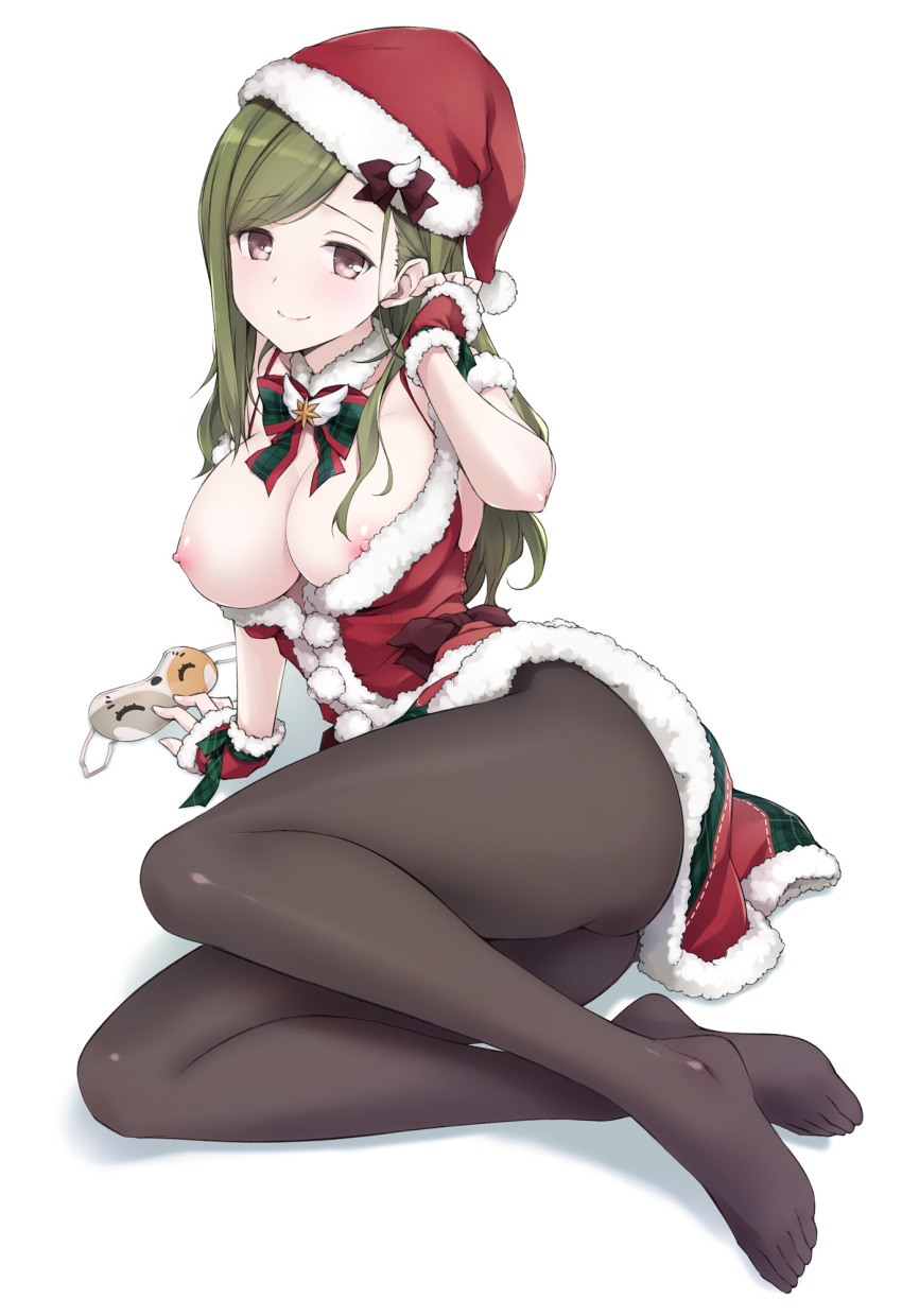 1girl bow bowtie breasts christmas dress green_hair hat highres idolmaster idolmaster_shiny_colors large_breasts long_hair looking_at_viewer lying nanakusa_hazuki nipples on_side pantyhose parts_exposed sakana santa_costume santa_hat simple_background sitting_on_floor smile solo white_background