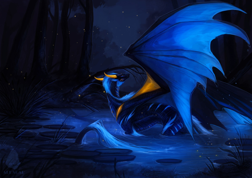 2019 absurd_res allagar ambiguous_gender blue_body blue_scales detailed_background digital_media_(artwork) dragon feral forest hi_res horn membrane_(anatomy) membranous_wings night outside partially_submerged scales scalie solo tree western_dragon wings