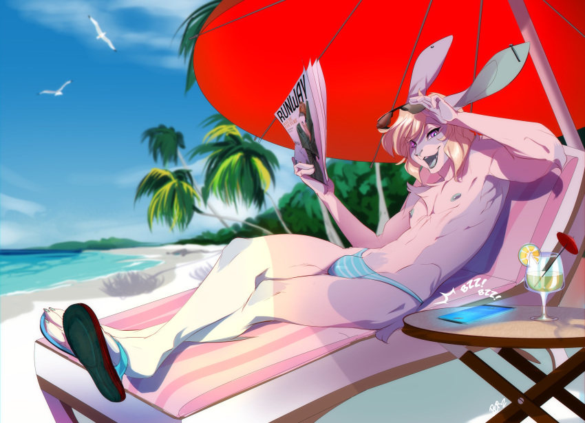 alcohol beach beverage bikini bulge clothed clothing eyewear girly hi_res lagomorph leporid male mammal nipples panties peritian rabbit sea seaside solo sunbathing sunglasses swimwear topless umbrella underwear water