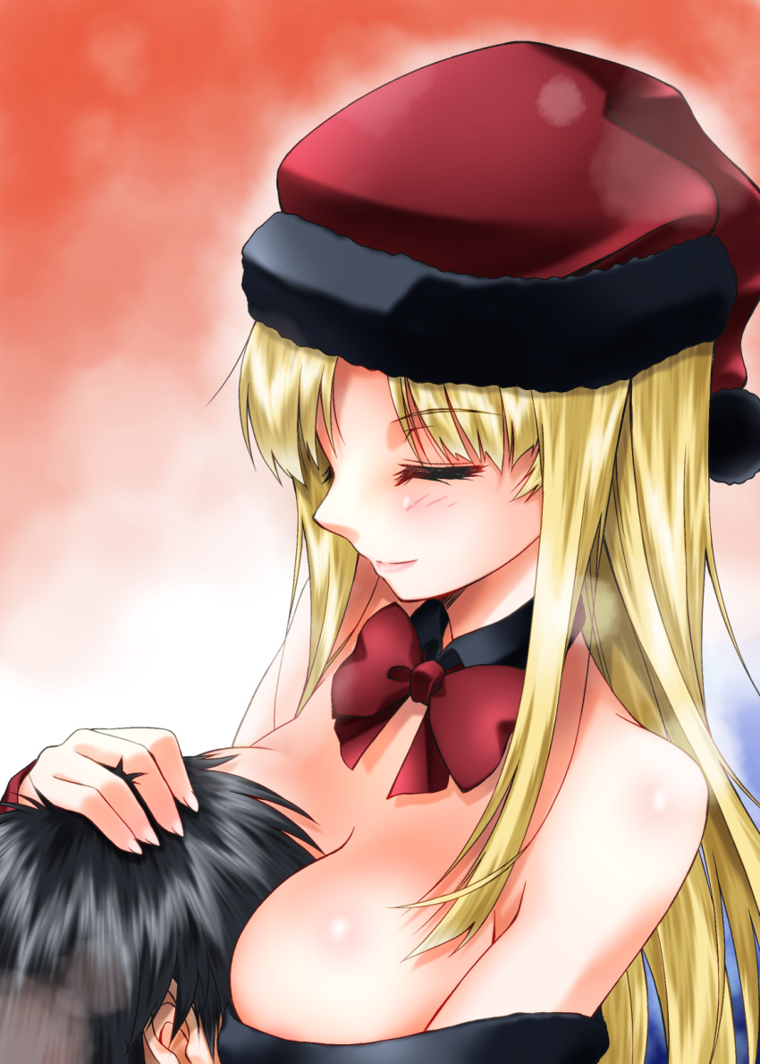 1boy 1girl bare_shoulders black_fur black_hair blonde_hair bow breasts christmas cleavage closed_eyes detached_collar fur_trim hand_on_another's_head hat highres long_hair motorboating original red_bow santa_hat sumeragi_tomo