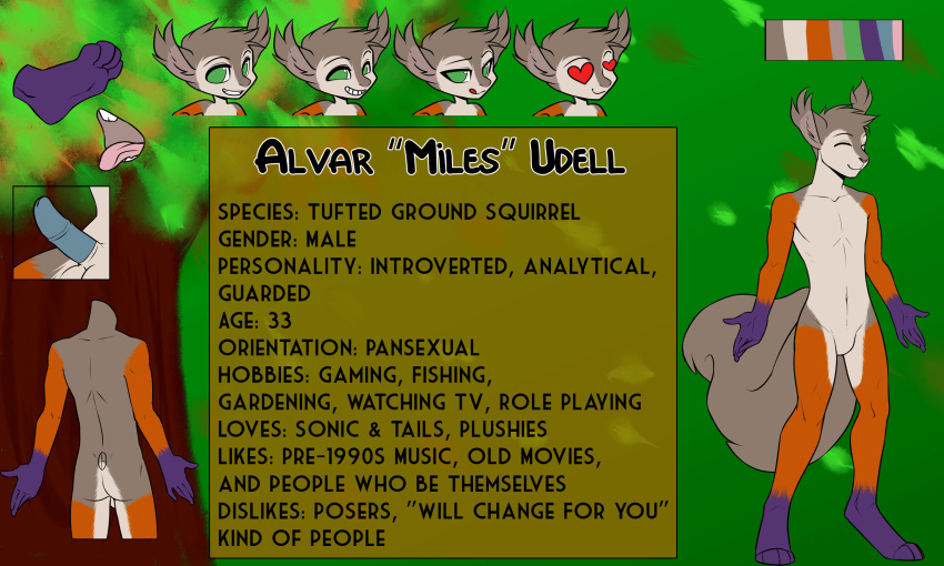 &lt;3 &lt;3_eyes alvar_miles_udell animated anthro balls big_tail bio black_eyebrows blinking brown_background buckteeth eyebrows feet flat_chested fluffy fluffy_tail fur green_eyes grey_body grey_fur grin hi_res humanoid_feet humanoid_hands katastrophi licking licking_lips male mammal model_sheet nude orange_body orange_fur painted_background penis profile purple_body purple_fur rodent sciurid simple_background smile snout solo teeth text_box tongue tongue_out tree tufted_ears white_belly white_body white_fur