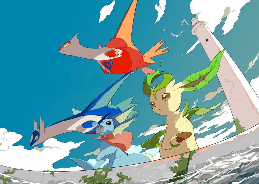 4others apios1 black_eyes blue_sky brown_eyes cloud dutch_angle fisheye head_fins highres latias latios leafeon lighthouse looking_down mermaid monster_girl moss multiple_others open_mouth pokemon sky smile split_tail stone_floor vaporeon water wingull yellow_eyes