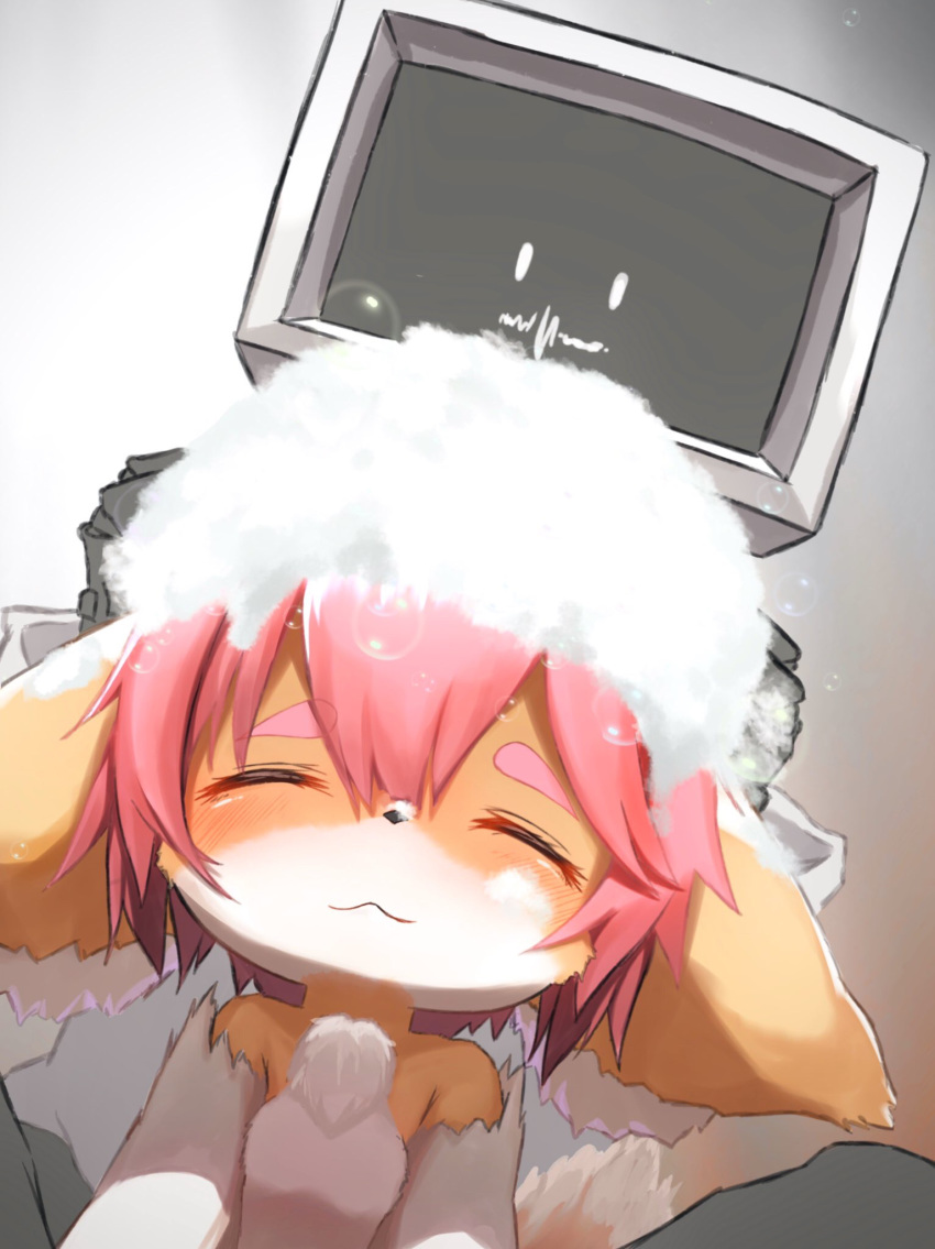 ambiguous_gender anthro blush brown_body brown_fur canid canine canis chest_tuft cub eyes_closed fur hair hi_res kemono machine mammal pink_hair robot short_hair suds tabhead tuft washing_hair young
