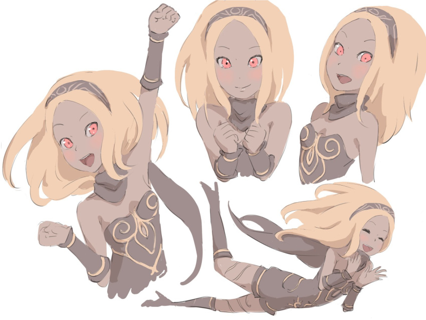 1girl arm_up bare_shoulders black_scarf blonde_hair blush closed_eyes dark_skin gravity_daze hairband highres kitten_(gravity_daze) leg_warmers leotard long_hair looking_at_viewer open_mouth red_eyes saitou_shunsuke scarf smile solo strapless teeth vambraces