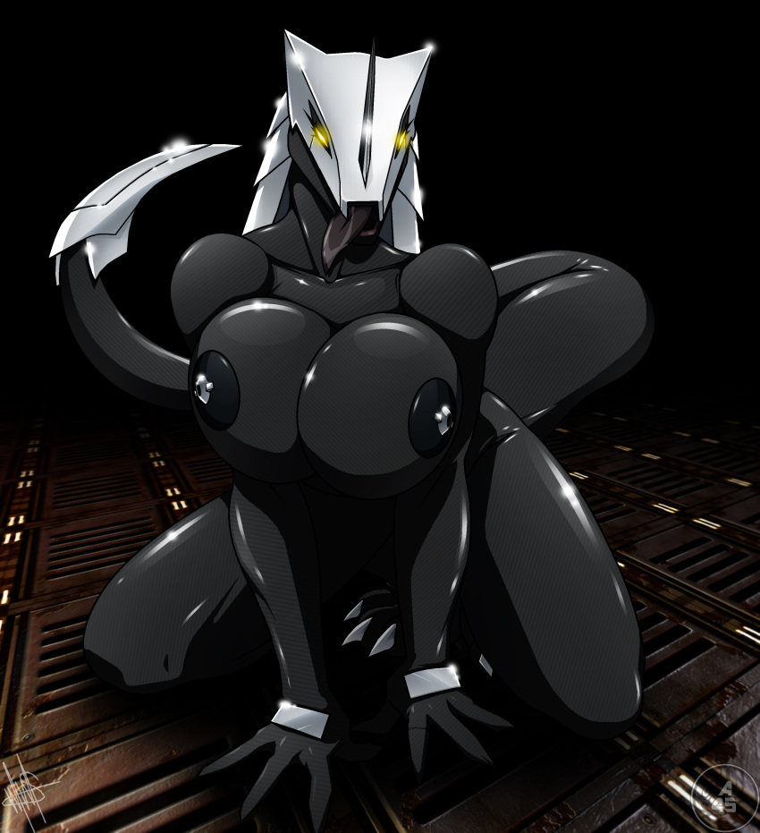2011 absurd_res android angela-45 anthro armor bedroom_eyes big_breasts black_body black_nipples breasts claws crouching cyber_dragon digital_media_(artwork) dragon female glistening glowing glowing_eyes half-closed_eyes hi_res horn huge_breasts looking_at_viewer machine metal narrowed_eyes nipples non-mammal_breasts nude open_mouth organic pose prehensile_tail robot scalie seductive solo teasing thick_tail toe_claws tongue tongue_out walter_sache yellow_eyes