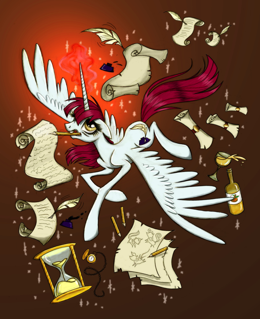 alternate_species barefoot bottle brown_background cutie_mark equid eyelashes feathered_wings feathers female feral fluffy fluffy_tail friendship_is_magic fur glass gold_(metal) gradient_background hair hi_res hooves horn hourglass_(object) lauren_faust_(character) long_hair long_horn long_legs loose_feather magic magic_user makeup mammal mascara multitasking my_little_pony paper pencil_(object) ponification quill rayhiros red_background red_hair red_tail scroll simple_background snout solo sparkles spread_wings teeth unicorn_horn white_body white_feathers white_fur white_horn winged_unicorn wings