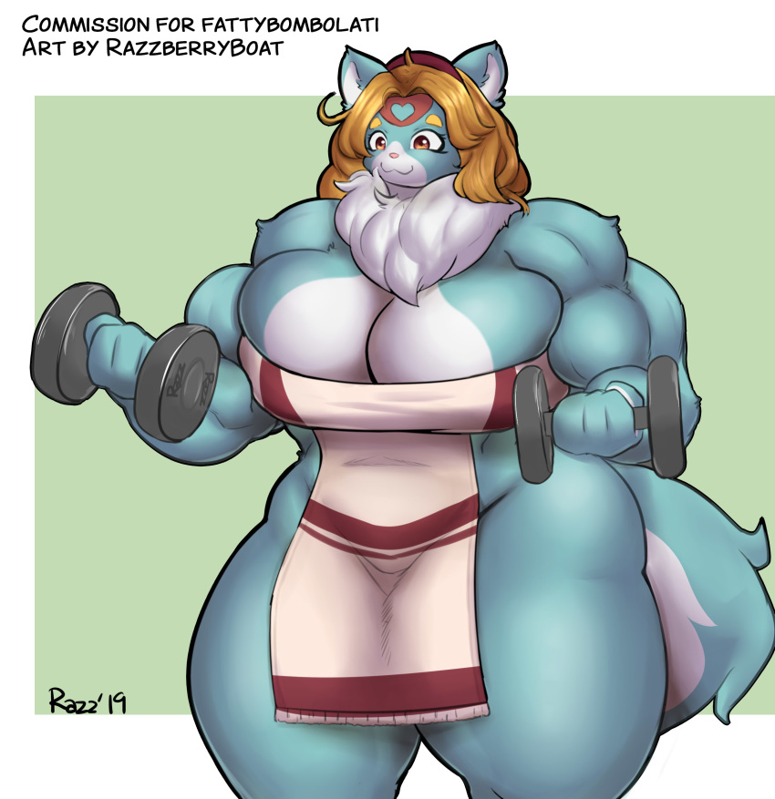 absurd_res anthro big_breasts big_muscles breasts cleavage clothed clothing dumbbell exercise female hi_res mammal muscular muscular_female razzberryboat thick_thighs weightlifting weights workout
