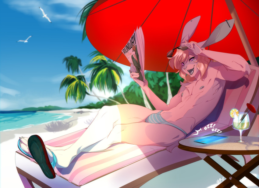 alcohol beach beverage bikini bulge clothed clothing eyewear girly hi_res lagomorph leporid male mammal nipples panties peritian rabbit sea seaside solo sunbathing sunglasses swimwear topless umbrella underwear water