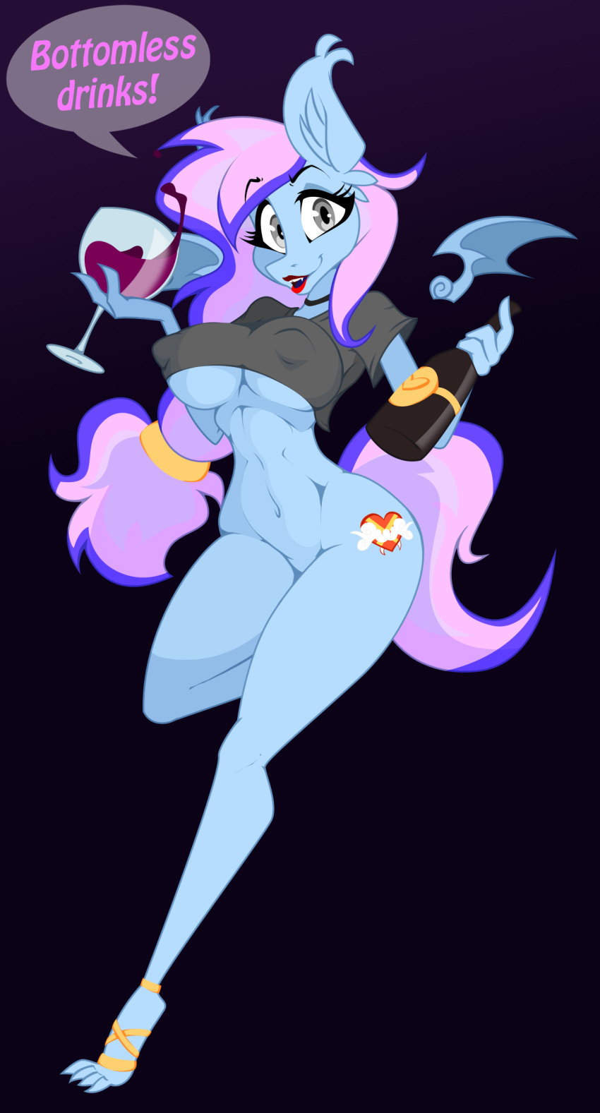 2019 alcohol anthro bat_pony belly beverage big_breasts bottle bottomless breasts clothed clothing equid fan_character fangs feet floating_wings glass hi_res huge_breasts humor jrvanesbroek lipstick looking_at_viewer makeup mammal membrane_(anatomy) membranous_wings my_little_pony navel pun red_lipstick solo thin_waist under_boob wide_hips wine wine_bottle wine_glass wings
