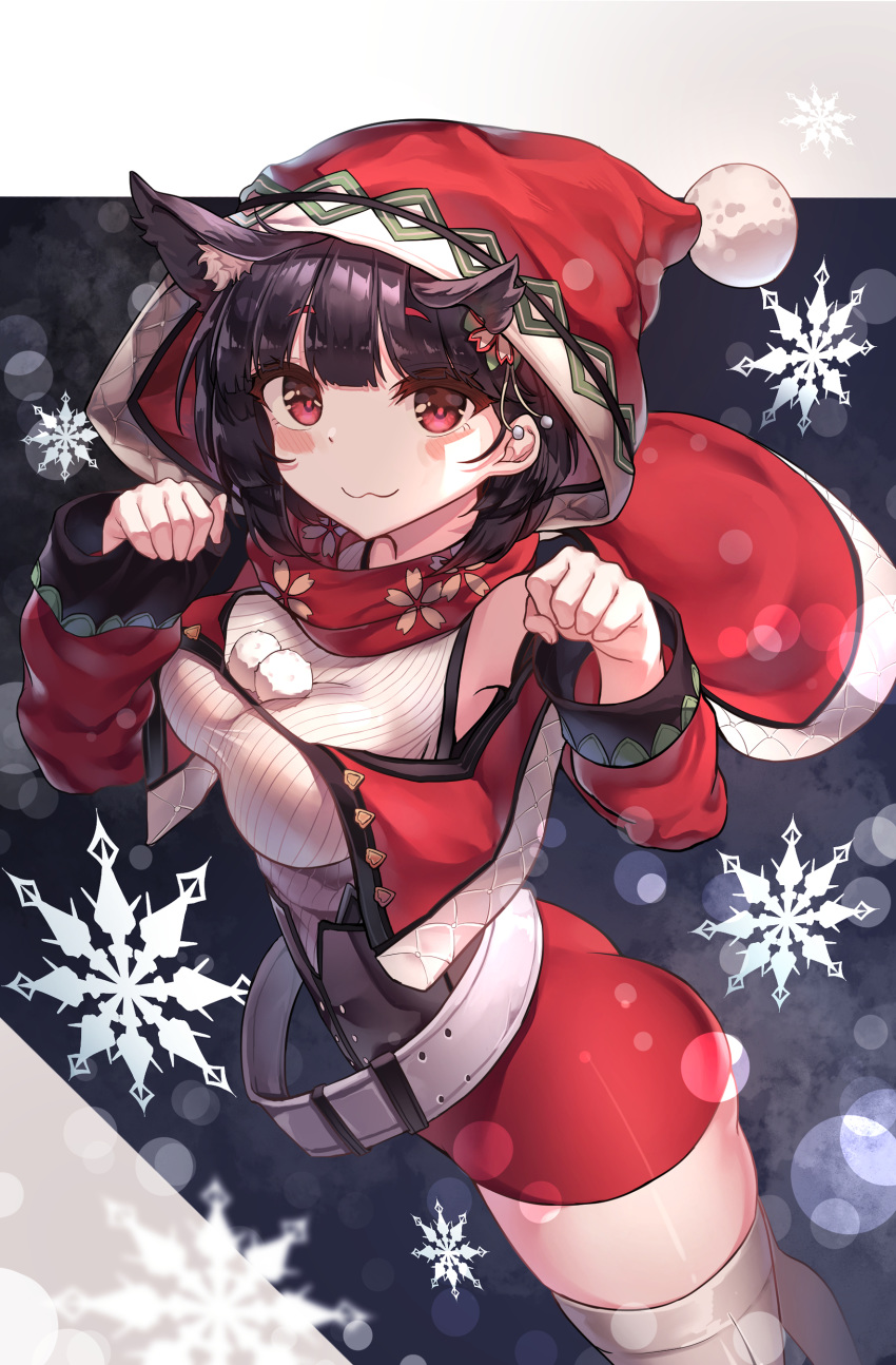 1girl :3 absurdres alswp5806 animal_ear_fluff animal_ears azur_lane black_hair blush_stickers breasts capelet cat_ears christmas eyebrows_visible_through_hair hat highres long_sleeves looking_at_viewer medium_breasts paw_pose red_eyes red_headwear santa_hat short_hair snowflakes solo standing thighhighs white_legwear yamashiro_(azur_lane)
