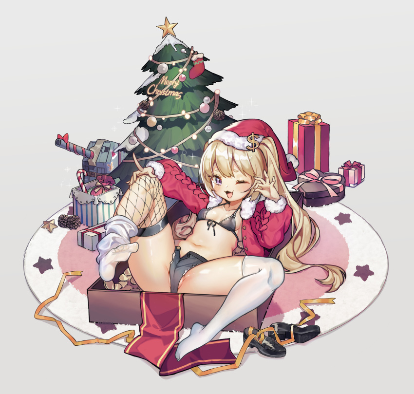 1girl :3 absurdres ass azur_lane bache_(azur_lane) bikini_top black_bikini_top blonde_hair breasts cardigan christmas christmas_tree cutoffs denim denim_shorts fang fishnet_legwear fishnets gift hand_on_own_knee hat highres knee_up legs long_hair loose_thighhigh lying navel on_back one_eye_closed open_mouth partially_visible_vulva pink_eyes r_b red_cardigan ribbon santa_hat short_shorts shorts small_breasts smile solo spread_legs thighhighs thighs two_side_up unbuttoned white_legwear