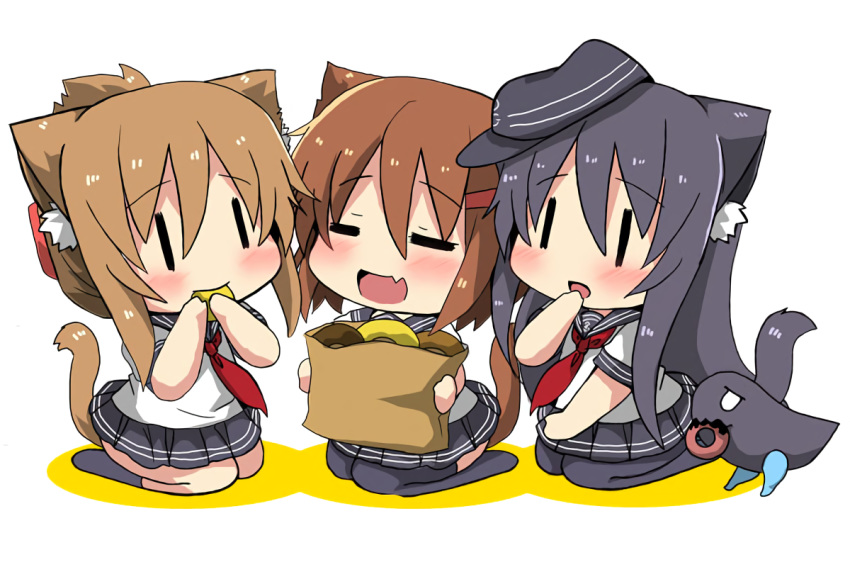 akatsuki_(kancolle) animal_ears anthropomorphism black_eyes black_hair blush brown_hair catgirl chibi fang food hat ikazuchi_(kancolle) inazuma_(kancolle) kantai_collection kneehighs long_hair oshiruko_(uminekotei) pantyhose school_uniform short_hair skirt tail thighhighs waifu2x