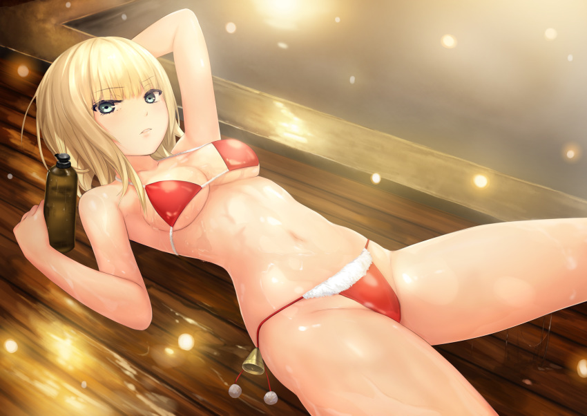1girl bangs bare_shoulders bell bikini blonde_hair breasts coffee-kizoku collarbone eyebrows_visible_through_hair green_eyes highleg highleg_bikini highres light_particles lips looking_at_viewer lotion_bottle lying medium_breasts mele_retanagua navel on_back original parted_lips pom_pom_(clothes) red_bikini santa_bikini shiny shiny_clothes shiny_skin short_hair simple_background solo steam stomach swimsuit water wooden_floor