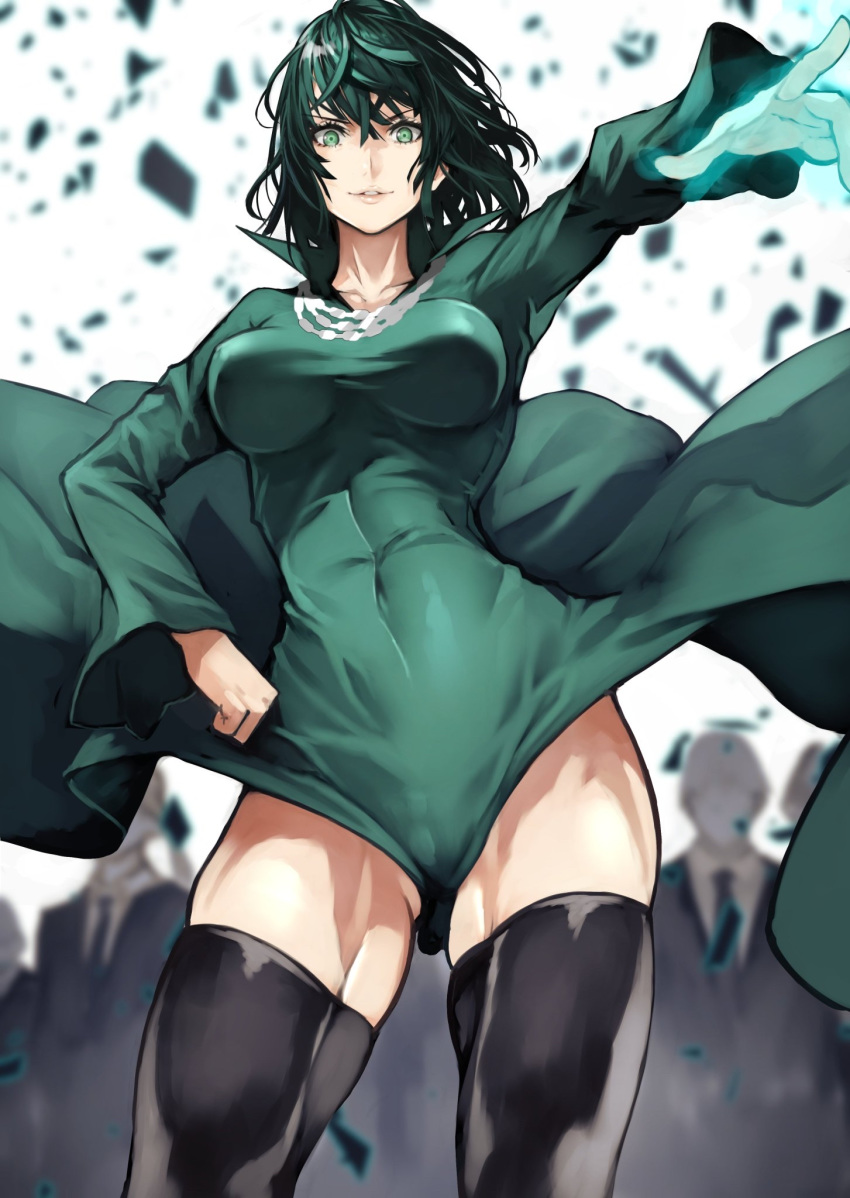 55level artist_revision breast_hold dress erect_nipples fubuki_(one_punch_man) one_punch_man skirt_lift thighhighs