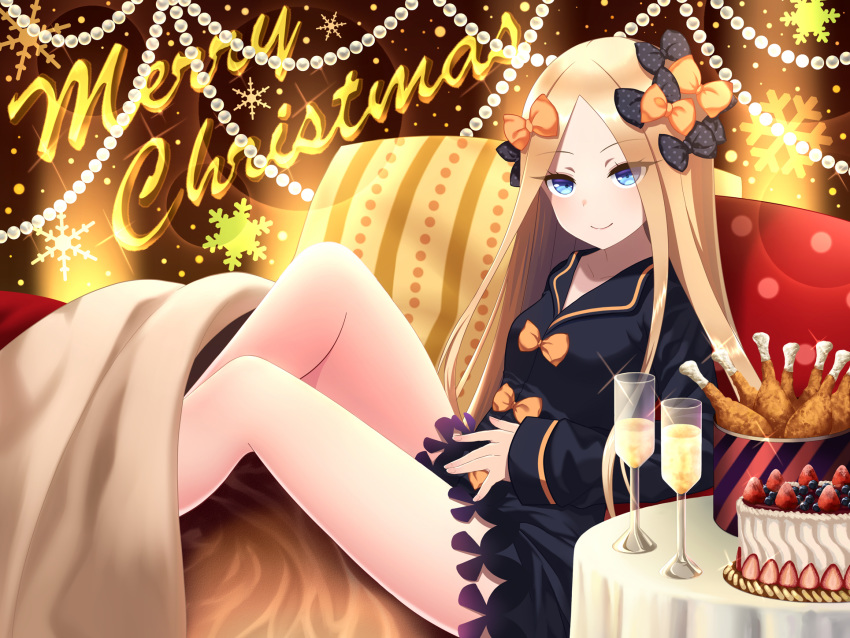 1girl abigail_williams_(fate/grand_order) artist_request bangs black_bow black_dress blonde_hair blue_eyes blush bow breasts bucket_of_chicken cake closed_mouth cup dress drinking_glass fate/grand_order fate_(series) food forehead fried_chicken fruit highres knees_up long_hair long_sleeves looking_at_viewer merry_christmas multiple_bows orange_bow parted_bangs polka_dot polka_dot_bow smile snowflakes strawberry thighs