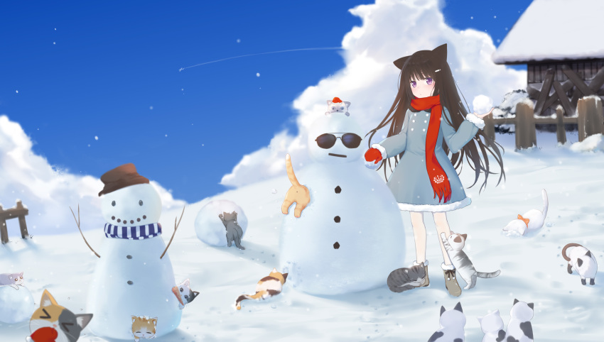 1girl animal animal_ears bangs blue_sky blush boots brown_hair building carrot cat cat_ears christmas closed_mouth cloud commentary_request day dress fence fringe_trim fufumi fur-trimmed_boots fur-trimmed_dress fur-trimmed_hat fur-trimmed_mittens fur_trim grey_dress grey_footwear hair_ornament hairclip hat highres holding long_hair mittens original outdoors purple_eyes red_headwear red_mittens red_scarf santa_hat scarf single_mitten sky snow snowball snowman solo standing sunglasses very_long_hair