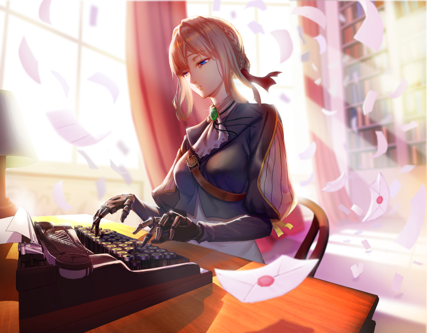 1girl asymmetrical_hair blonde_hair blue_eyes blurry bookshelf braid brooch colored_eyelashes depth_of_field desk envelope french_braid freze hair_ribbon highres jewelry lamp light_rays mechanical_hands paper parted_lips red_ribbon ribbon solo sunbeam sunlight typewriter violet_evergarden violet_evergarden_(character) wax_seal window wooden_deck
