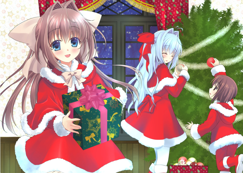 3girls asakura_otome blue_eyes blue_hair blush boots bow bowtie box brown_eyes brown_hair capelet christmas_ornaments christmas_tree closed_eyes commentary curtains da_capo da_capo_ii dress eyebrows_visible_through_hair fur-trimmed_boots fur-trimmed_capelet fur-trimmed_dress fur_trim gift gift_box hair_between_eyes hair_bow hair_intakes highres holding holding_gift indoors kayura_yuka long_sleeves looking_at_viewer multiple_girls open_mouth original pink_bow red_bow red_capelet red_dress red_footwear red_legwear santa_costume wall white_legwear window