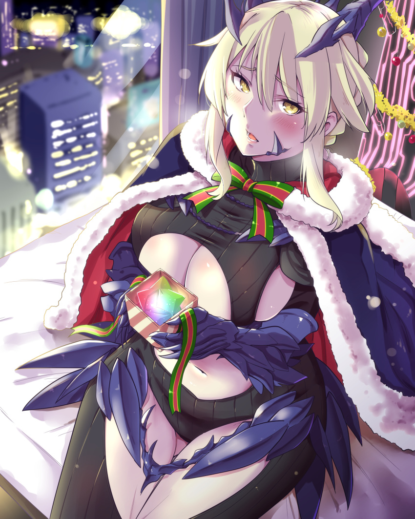 1girl absurdres armor artoria_pendragon_(all) artoria_pendragon_(lancer_alter) black_bodysuit blonde_hair blue_capelet blush bodysuit box braid breasts capelet fate_(series) french_braid fur-trimmed_capelet fur_trim gauntlets gift gift_box highres indoors large_breasts navel_cutout on_bed revealing_clothes saint_quartz sarfata sidelocks sitting solo yellow_eyes