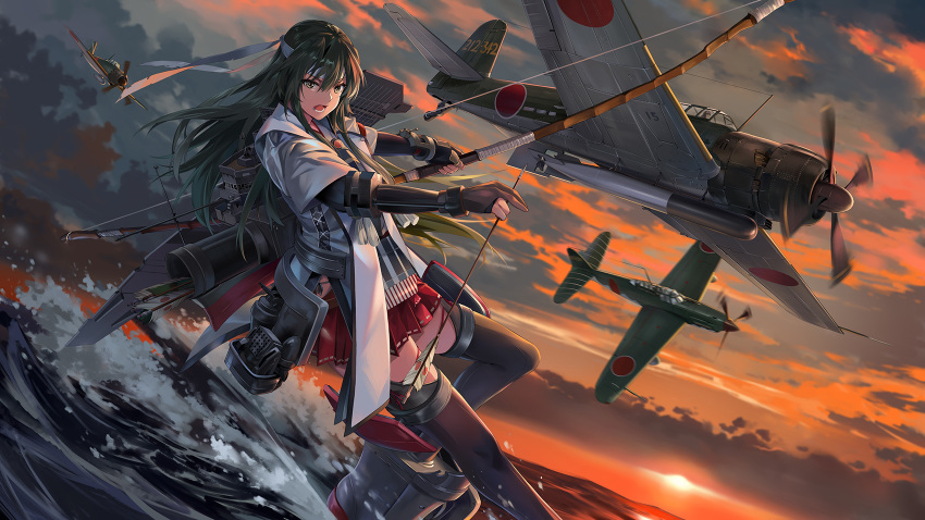 1girl aircraft airplane boots bow_(weapon) cloud dark_green_hair elbow_gloves eyebrows_visible_through_hair gloves green_eyes grey_sky hair_ornament hair_ribbon headband highres japanese_clothes japanese_flag kantai_collection long_hair looking_at_viewer muneate neko_(yanshoujie) ocean partly_fingerless_gloves ribbon sunset thigh_boots thighhighs torpedo twintails weapon white_headband zuikaku_(kantai_collection)