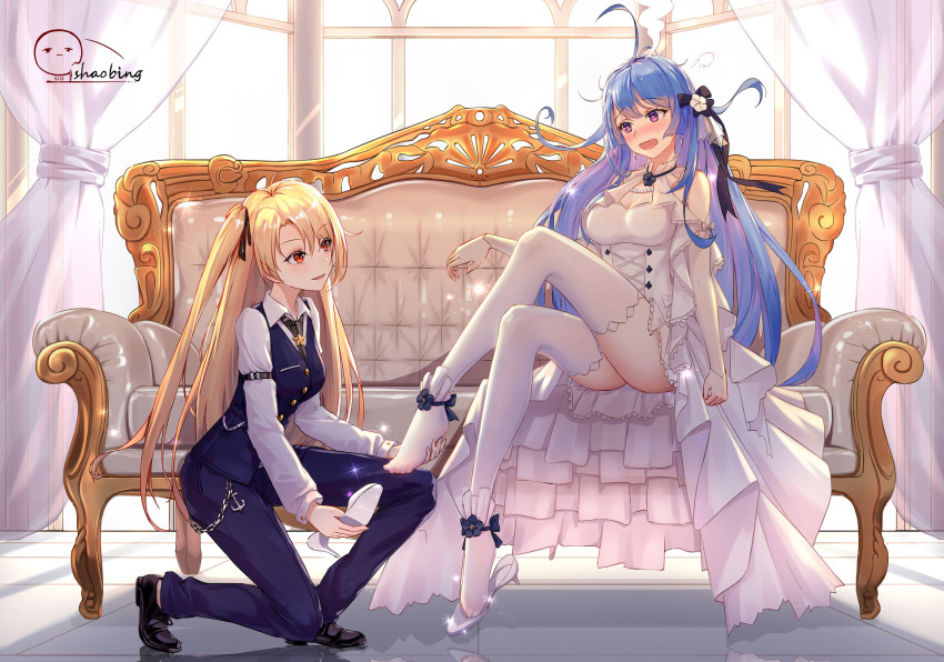 2girls 5555_96 ahoge artist_name azur_lane backlighting bangs black_footwear black_ribbon blonde_hair blue_hair blue_pants blue_vest blush breasts bride chinese_commentary cleveland_(azur_lane) cleveland_(gentry_knight)_(azur_lane) collared_shirt commentary_request couch detached_sleeves dress embarrassed eyebrows_visible_through_hair flower gradient_hair hair_flower hair_ornament hair_ribbon helena_(azur_lane) high_heels highres indoors jewelry large_breasts leg_up long_hair looking_at_another multicolored_hair multiple_girls necklace one_knee one_side_up open_mouth pants pearl_necklace purple_eyes putting_on_shoes red_eyes ribbon shirt sidelocks sitting small_breasts thighhighs very_long_hair vest wavy_mouth wedding_dress white_flower white_legwear white_shirt window yuri