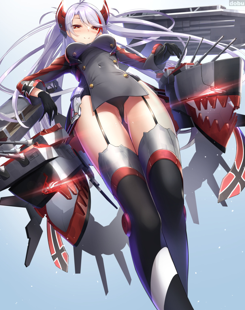 1girl antenna_hair ass_visible_through_thighs azur_lane bangs blush breasts brown_eyes dobunezumi from_below garter_straps glint gloves highres iron_cross large_breasts leotard long_hair looking_at_viewer multicolored_hair pelvic_curtain prinz_eugen_(azur_lane) red_hair rigging silver_hair smile solo streaked_hair swept_bangs thighhighs thighs two_side_up very_long_hair
