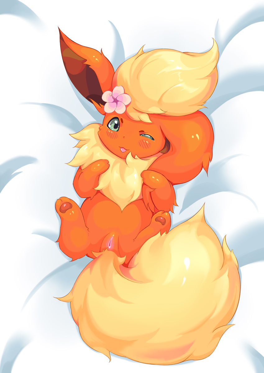 3_toes absurd_res bedding blush chest_tuft eeveelution female feral flareon flower fluffy fluffy_ears fluffy_tail fur green_eyes hi_res inviting kid_(artist) long_ears looking_at_viewer lying nintendo on_back one_ear_up one_eye_closed orange_body orange_fur plant pok&eacute;mon pok&eacute;mon_(species) presenting presenting_pussy pussy solo spread_legs spreading toes tongue tongue_out tuft video_games