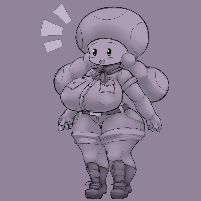1:1 big_breasts blush breasts clothed clothing female hi_res huge_breasts humanoid mammal mario_bros monochrome neo_hajime nintendo not_furry open_mouth scarf short_stack solo standing thick_thighs toad_(mario) toadette tongue video_games wide_hips