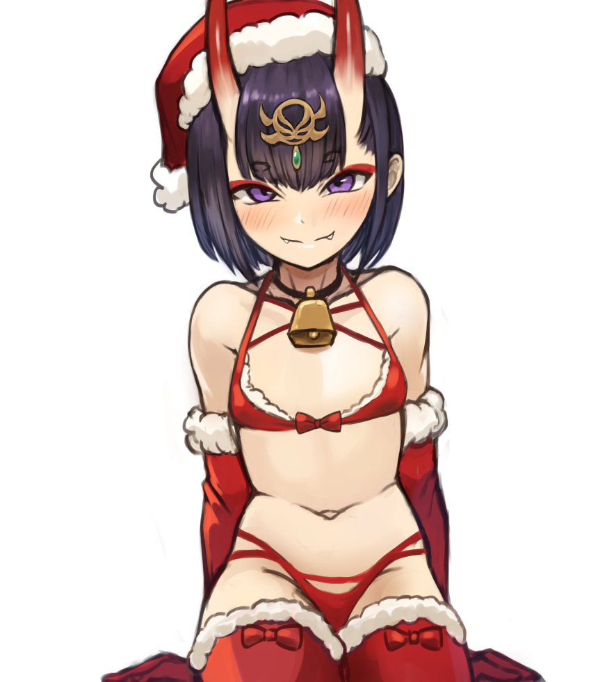 1girl absurdres bangs bell bell_choker bikini blush bob_cut breasts choker closed_mouth collarbone elbow_gloves eyeliner fangs fate/grand_order fate_(series) fur-trimmed_bikini fur-trimmed_gloves fur-trimmed_legwear fur_trim gloves hat headpiece highres horns looking_at_viewer makeup multi-strapped_bikini navel oni oni_horns purple_eyes purple_hair red_bikini red_gloves red_headwear red_legwear santa_bikini santa_hat short_eyebrows short_hair shuten_douji_(fate/grand_order) simple_background sitting skin-covered_horns small_breasts smile solo sookmo swimsuit wariza