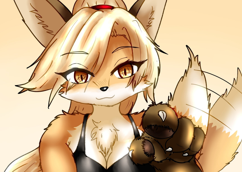 anthro black_nose breasts canid canine cheek_tuft chest_tuft claws cleavage clothed clothing eyebrow_through_hair eyebrows facial_tuft female fox fox's_sister_(kinokoningen) front_view gesture hair hi_res looking_at_viewer mako_030201 mammal pawpads pointing pointing_at_viewer smile solo tailwag translucent translucent_hair tuft
