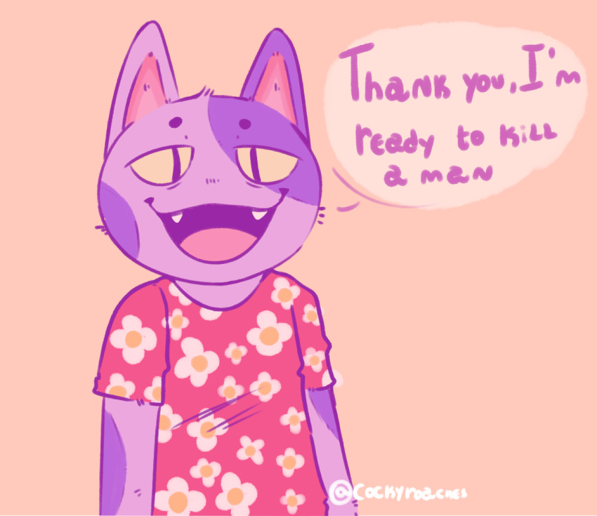 2019 :d animal_crossing anthro bob_(animal_crossing) clothing cockyroaches dialogue domestic_cat english_text fangs felid feline felis fur looking_at_viewer male mammal nintendo open_mouth pink_background purple_body purple_fur sharp_teeth shirt simple_background slit_pupils smile solo standing talking_to_viewer teeth text tongue topwear video_games yellow_eyes