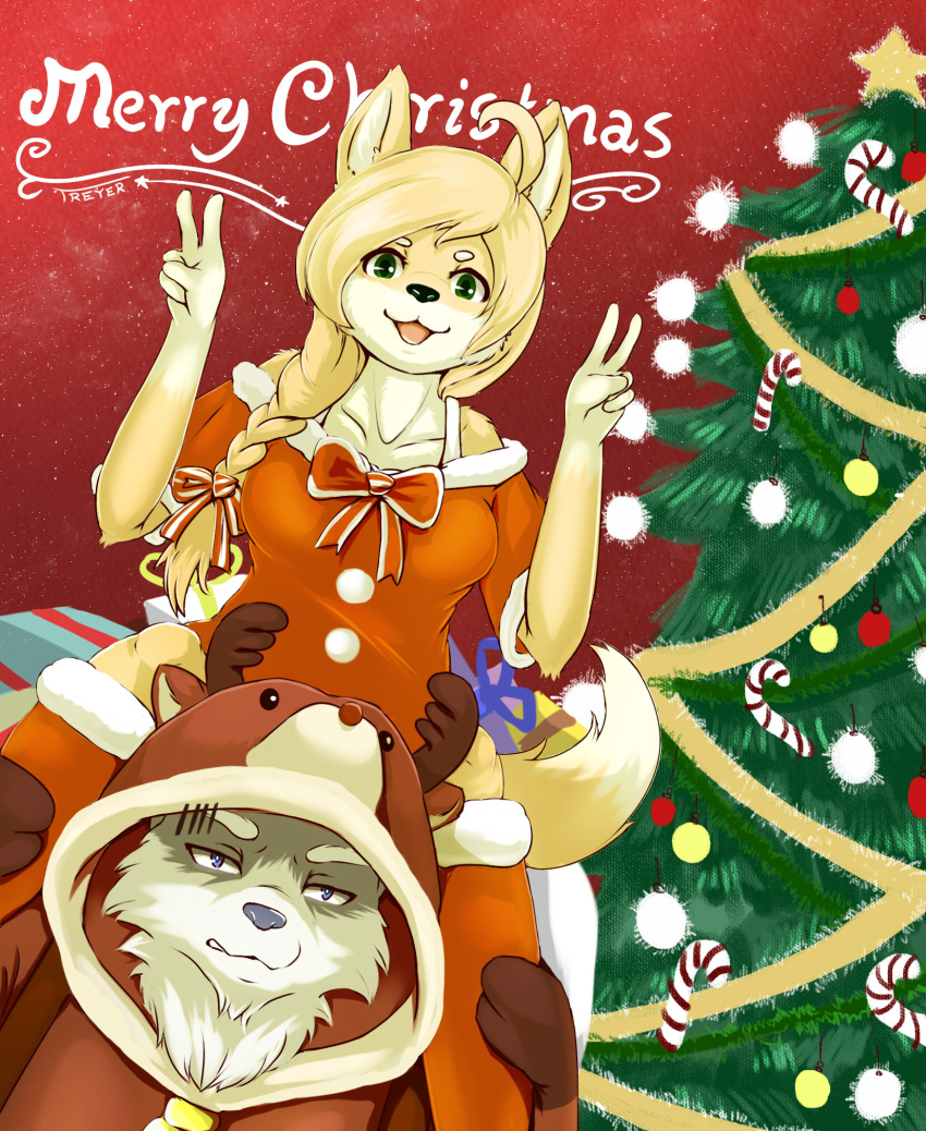 2019 ahoge anthro arm_tuft black_nose blue_eyes breasts canid canine christmas christmas_tree collarbone double_v_sign elbow_tufts female fur gesture green_eyes hair hi_res holidays mammal tree treyer tuft v_sign white_body white_fur