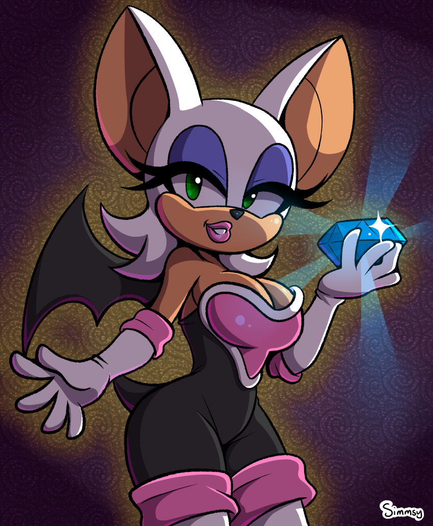 absurd_res boots breasts butt_pose chaos_emerald chiropteran cleavage clothed clothing female footwear gloves handwear hi_res looking_at_viewer mammal pose rouge_the_bat simmsyboy solo sonic_the_hedgehog_(series) wings