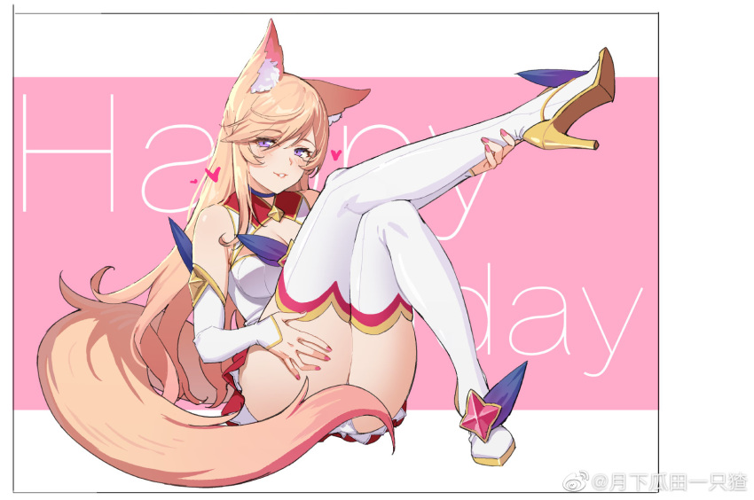 1girl ahri animal_ears ass blush boots breasts cleavage crossed_legs detached_sleeves eyebrows_visible_through_hair fox_ears fox_tail high_heel_boots high_heels highres icarus_(632247131) large_breasts league_of_legends leg_up light_brown_hair long_hair looking_at_viewer nail_polish panties parted_lips purple_eyes smile solo star_guardian_(league_of_legends) star_guardian_ahri tail thigh_boots thighhighs underwear weibo_username white_panties