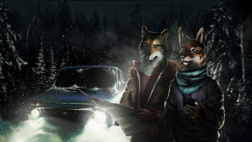 16:9 2017 5_fingers ambiguous_gender anthro biped black_nose blue_eyes blue_scarf breath canid canine canis car cellphone clothed clothing cold dark detailed detailed_background digital_drawing_(artwork) digital_media_(artwork) duo fangs fingers forest fox front_view fur holding_object lada light looking_up mammal map night open_mouth orange_body orange_eyes orange_fur outside phone scarf snow standing sterr teeth topwear tree vehicle white_body white_fur wolf