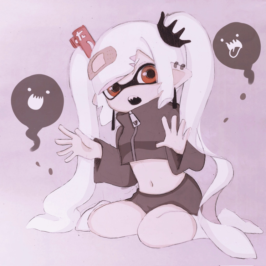 1girl bandage_on_hair bandages clip crown earrings fangs full_body ghost grey_jacket grey_shorts hand_up highres inkling jacket jewelry kurea0399 long_hair looking_to_the_side m_legs navel on_floor open_mouth orange_eyes short_shorts shorts simple_background sitting socks solo splatoon_(series) twintails very_long_hair white_background white_hair white_legwear zipper