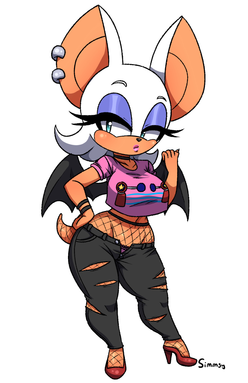 bracelet chiropteran choker clothing female fishnet footwear hi_res high_heels jewelry mammal midriff navel necklace panties panty_peek rouge_the_bat shirt shoes simmsyboy solo sonic_the_hedgehog_(series) tight_jeans topwear torn_clothing underwear wings