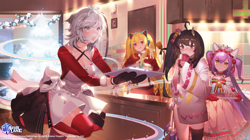 4girls absurdres alternate_costume apron azur_lane bangs bell blonde_hair blush bow breasts brown_eyes brown_hair cat_ear_headphones character_request christmas cleavage concord_(azur_lane) concord_(sweet_christmas)_(azur_lane) cup fangs food gingerbread_man gloves grey_eyes grey_hair hair_bell hair_between_eyes hair_bow hair_ornament hair_ribbon head_tilt headphones highres holding holding_cup holding_tray horns large_breasts long_hair long_sleeves looking_at_viewer medium_breasts multiple_girls official_art open_mouth orange_sekaii purple_hair red_eyes ribbon seattle_(azur_lane) seattle_(christmas_party!)_(azur_lane) short_hair side_ponytail smile star star-shaped_pupils symbol-shaped_pupils thighhighs tongue tongue_out tray twintails two_side_up yellow_eyes