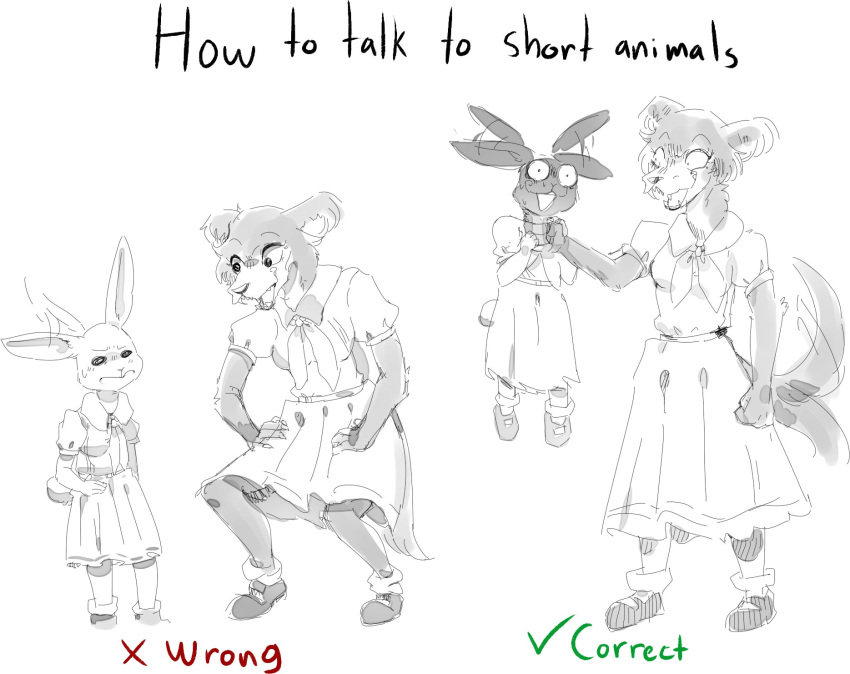2019 anthro asphyxiation beastars bodily_fluids bottomwear canid canine canis choking clothed clothing creepy_face crouching duo english_text evil_look fangs female fur haru_(beastars) hi_res humor juno_(beastars) lagomorph larger_female leporid mammal neck_grab open_mouth psibunny rabbit school_uniform simple_background size_difference skirt smaller_female smile standing strangling surprise sweat tailwag text uniform white_background wide_eyed wolf